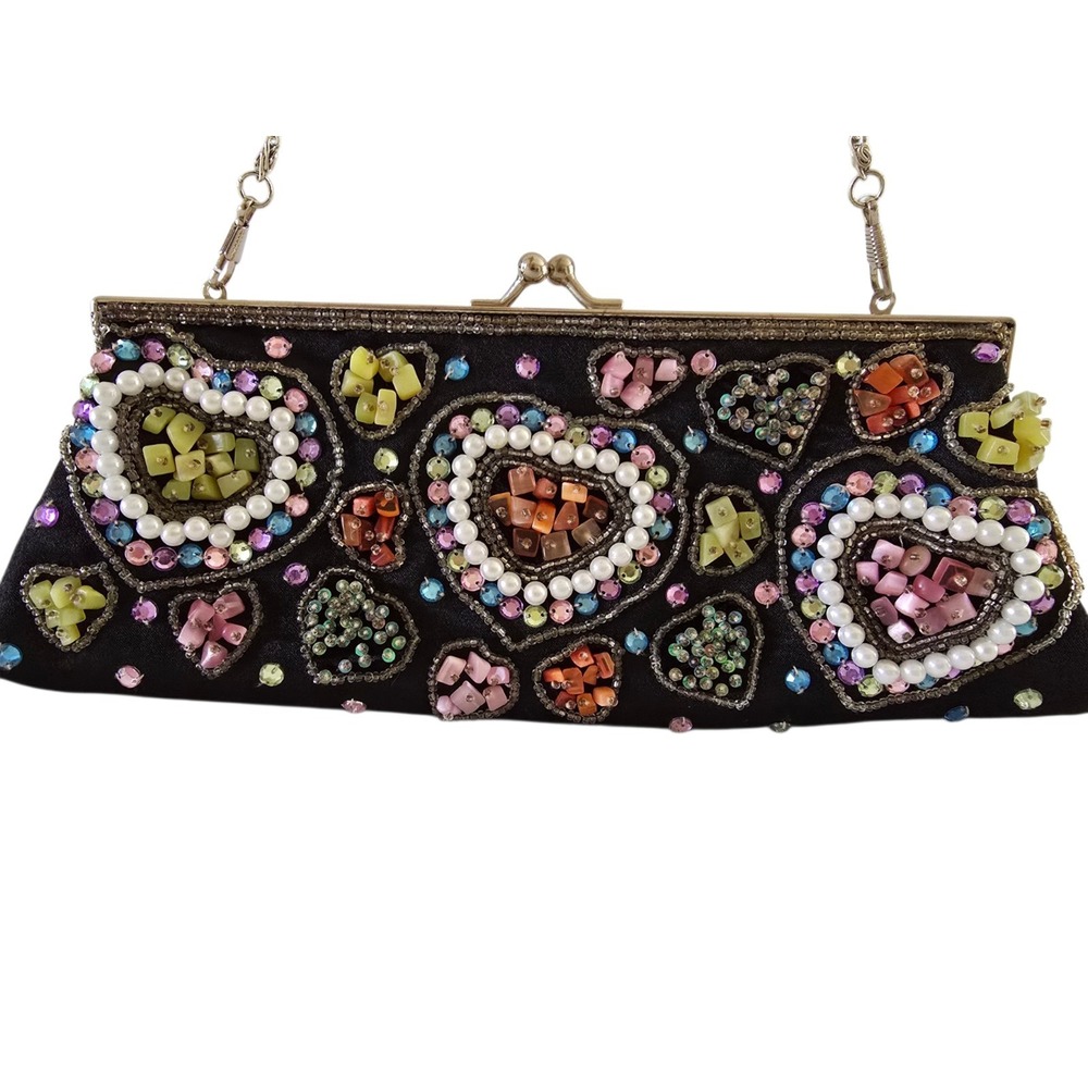 Womens Black Satin Sequin Embroidery Clutch Purse Bead Strap Y2K